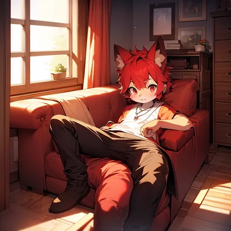 youth，Shota，red hair ，male， stand up， Masterpiece， high resolution，8K，Detailed background，high quality， boys，looking at the audience，perspective，View from the front，shorter pants，male焦点，Wolf&#39;s facial features，character boy，Wearing a necklace，red pupils...