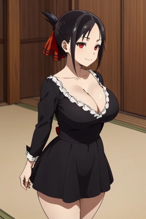 best quality, (masterpiece:1.2), detailed, shinomiya kaguya, 1girl, solo, closed mouth, light smile, black hair, red eyes, short hair, folded ponytail, hair ribbon, black dress, red ribbon, standing, looking at the viewer, huge breasts, huge ass, huge thig...