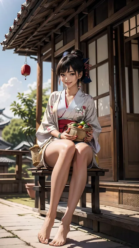 ((最high quality, 8K, masterpiece: 1.3, Ultra HD, high quality, 最high quality, High resolution, realism)) 、A stunningly beautiful 22-year-old Japanese woman、hair color is black、black eye、medium hair、straight hair、smile、Slender but well-proportioned muscular...