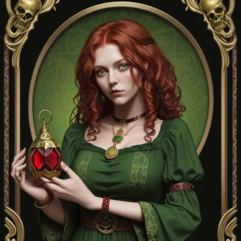 30 year old woman in green medieval dress with gold print reddish curly hair green eyes witch medallion in dark shrine background holding red quartz skull choker with red gem snake bracelet 