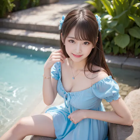 highest quality、8K、Portrait、pretty girl、slightly slender girl、Spiteful eyes、smile,  young sensual gravure idol, light blue dress、small necklace、Slightly red cheeks、gravure pose、beautiful feet