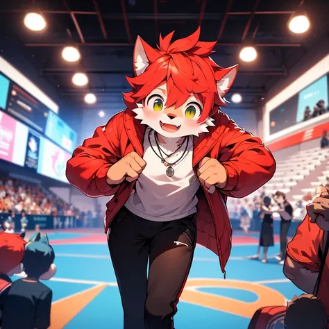 youth，Shota，red hair ，male， stand up， Masterpiece， high resolution，8K，Detailed background，high quality， boys，looking at the audience，perspective，View from the front，shorter pants，male焦点，Wolf&#39;s facial features，character boy，Wearing a necklace，Stand on t...