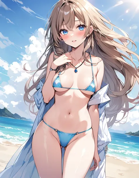 micro bikini,private beach,shameful、(solo lady:1.2)、(dark blonde hair:1.2),(long hair)、BREAK、(shiny blue eyes:1.0)、BREAK、(slim)、flat、(pendant:0.9)、(pierce:0.8)、(bracelet:0.7)、cowboy shot,random angle,random concept,