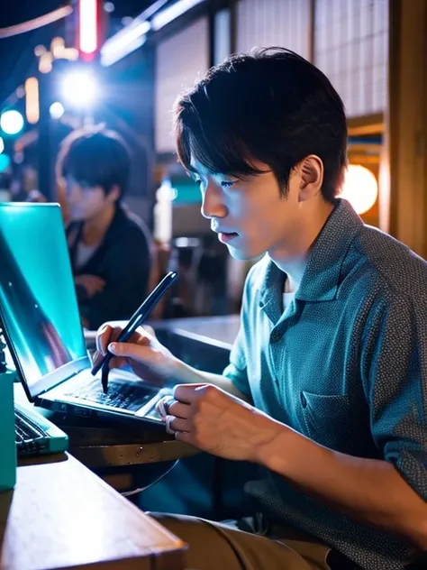 japanese men　working at a laptop　bright look