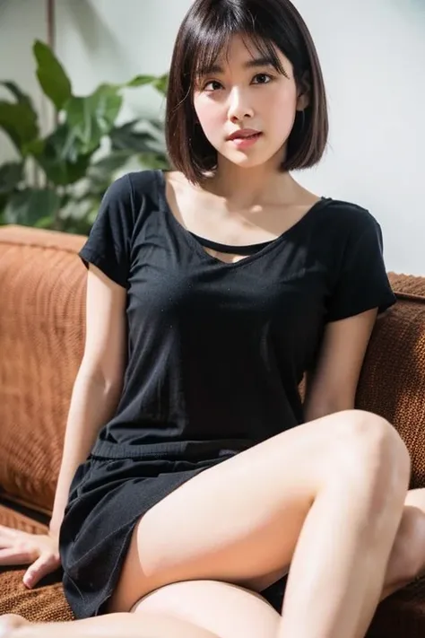 Black short straight hair,thin,height: 170cm,beautiful woman,Navel exposed、Sitting on the sofa