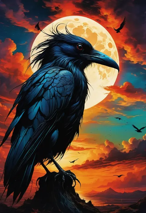 best quality,ultra-detailed,(realistic:1.37) paintings,dark and mysterious atmosphere,ominous colors,[crow],intricate feathers,sharp beak,penetrating gaze,intense expression,eerie silhouette,sinister presence,nighttime scene,moonlit sky,clouds,dramatic lig...