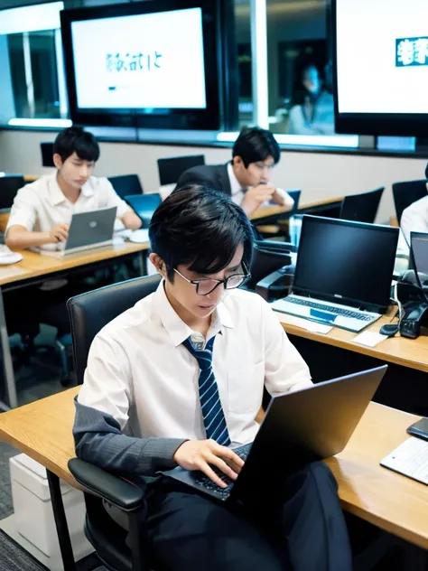 Japan men and one man　working at a laptop　bright office　casual clothes
