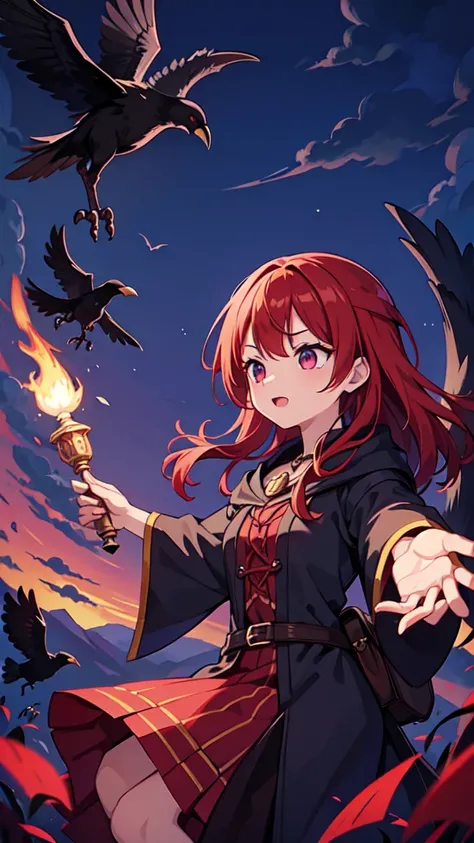 Witch, RPG, Sorceress, Magic, Red-haired Woman, reaching for a crow, night background