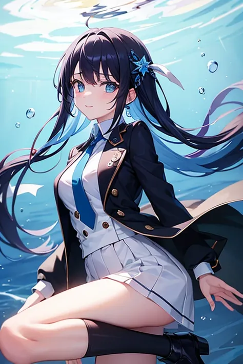 ((top-quality)), ((masterpiece)), ((ultra-detailliert)), (extremely delicate and beautiful), girl with, solo, cold attitude,((Black jacket)),She is very(relax)with  the(Settled down)Looks,A dark-haired, depth of fields,evil smile,Bubble, under the water, A...