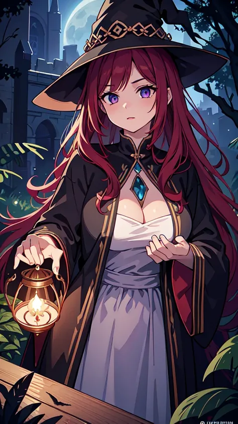 A red-haired sorceress with mesmerizing eyes and enchanting lips stands in a magical night garden, her fingertips reaching out for a crow. The scene is bathed in a mysterious glow, with soft moonlight casting shadows on the lush foliage surrounding her. Th...