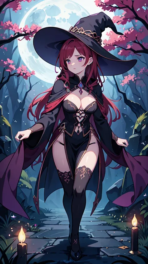 A red-haired sorceress with mesmerizing eyes and enchanting lips stands in a magical night garden, her fingertips reaching out for a crow. The scene is bathed in a mysterious glow, with soft moonlight casting shadows on the lush foliage surrounding her. Th...