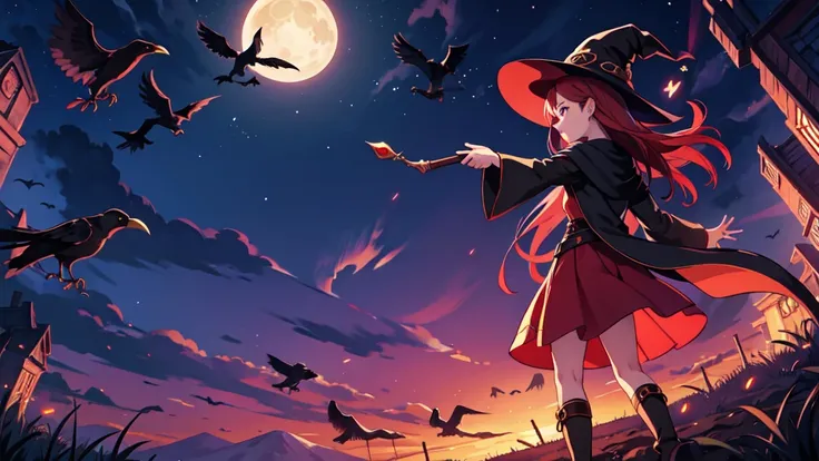 Witch, RPG, Sorceress, Magic, Red-haired Woman, reaching for a crow, night background