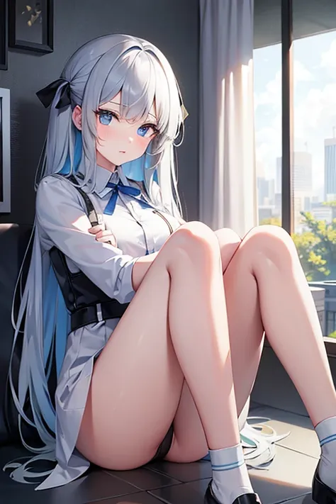 an android girl, (perspective 1 vanishing point:1,5) (gray environment:1,2) white blouse, (melancholy:1,2) sitting in the window, holding her knees, (blue eyes:1,2) ( sideways:1.2) looking out the window