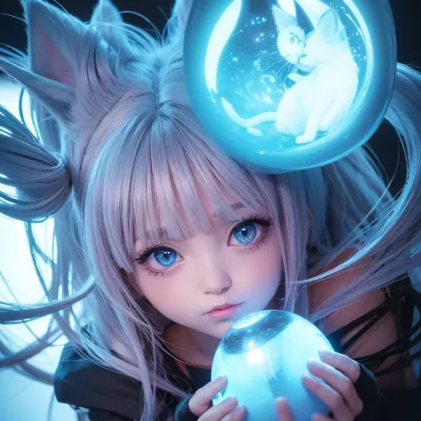 Cat girl, red, big eyes, lush eyelashes, fluffy tail, complex hairstyle, a glowing ball in the hands, the body glows with a blue flame, futuristic image,, bright lighting, high detail, high resolution, realistic, gliterr in bulk, drawing details