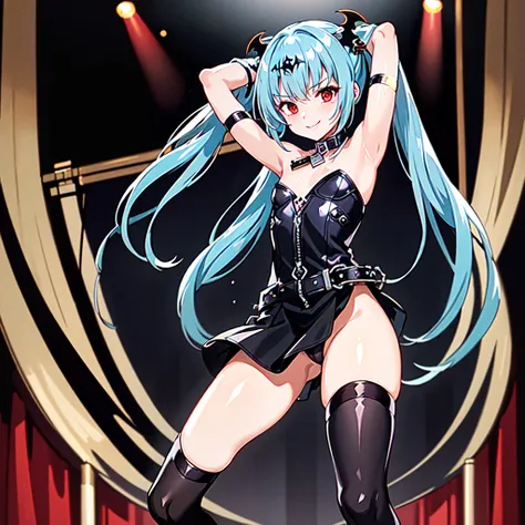 masterpiece, best quality, ultra-detailed, (perfect face, detailed face), 1girl, solo, volumetric lighting,(alice_(queens_gate)),flat chest,red eyes,thighhighs,twintails,long hair,hair ornament,blue hair,huge ass,smile,(spread legs wide:1),(arms behind hea...