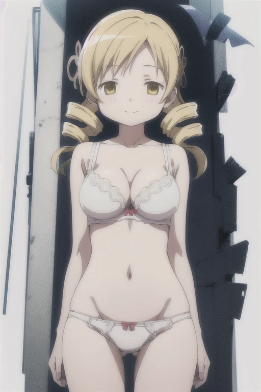 big breasts、big breasts、とてもbig breasts、Cute Bra、cleavage、、alone, 1 girl, looking at the viewer, sketch, flat color, 2D, anime, anime coloring, (Pure white background:1.3), Mami Tomoe, , smile、sexy pose、I&#39;m tempting you、panties、pantiesを見せてくれてます