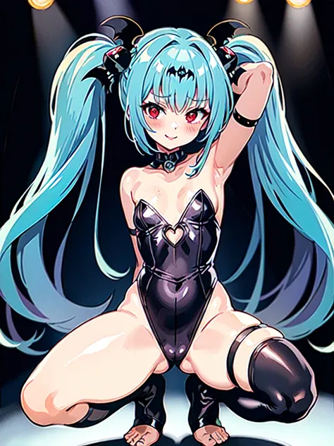 masterpiece, best quality, ultra-detailed, (perfect face, detailed face), 1girl, solo, volumetric lighting,(alice_(queens_gate)),flat chest,red eyes,thighhighs,twintails,long hair,hair ornament,blue hair,tanned skin,huge ass,smile,(spread legs wide:1),(arm...