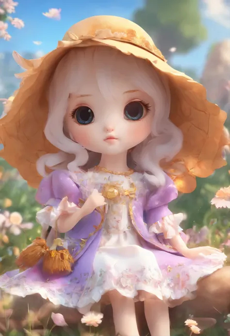 Carrying chicks in groups on the bed、High resolution、4k、8K image、Hold your head and worry，slight smile，Pop Mart Blind Box IP、１００Close up portrait of a cute knight doll。、Young One Angel Style、wear it longer, dress fluently、Lop style、Poseline Doll、little per...