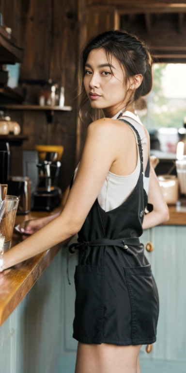 summer，hot，Lazy afternoon，full body portrait，original photo，A sexy girl working at a counter in Starbucks，The body shape of 34-26-36 is an hourglass shape,(((sweat:1.1)))，(Barista Apron、long apron、stripe、pattern、badge、pattern:1.3)，rim light，ponytail， clavi...