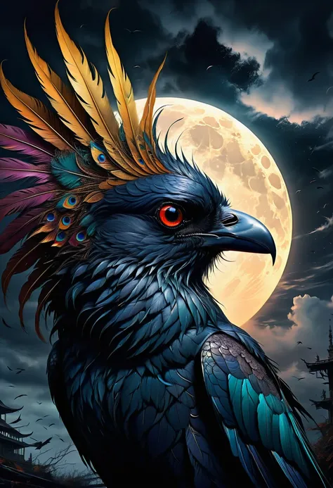 best quality,ultra-detailed,(realistic:1.37) paintings,dark and mysterious atmosphere,ominous colors,[crow],intricate feathers,sharp beak,penetrating gaze,intense expression,eerie silhouette,sinister presence,nighttime scene,moonlit sky,clouds,dramatic lig...