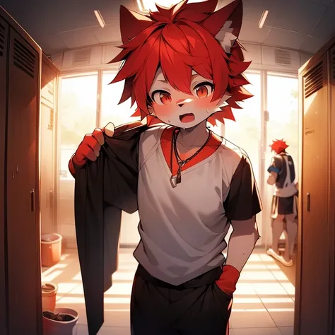 youth，Shota，red hair ，male， stand up， Masterpiece， high resolution，8K，Detailed background，high quality， boys，looking at the audience，perspective，View from the front，shorter pants，male焦点，Wolf&#39;s facial features，character boy，Wearing a necklace，locker roo...