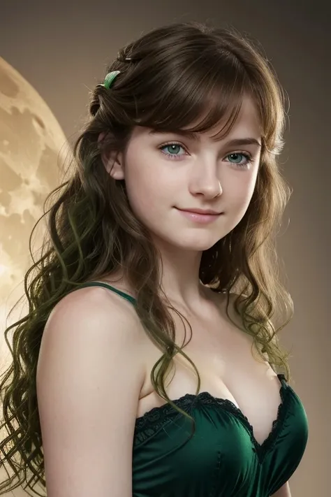 ((high resolution)), ((pale skin)), taches de rousseur, ((11 ans)) fille, aux yeux bleus, joues rougissantes, ((cheveux vert)), wavy hair, souriant, gros seins, mamelon, comme un druide fantastique sur la lune