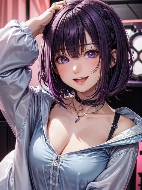 solo, looking at viewer, blush, smile, short hair, open mouth, bangs, shirt, long sleeves, 1girl hair between eyes, jewelry, purple eyes, jacket, upper body, purple hair, :d, male focus, pink eyes, necklace