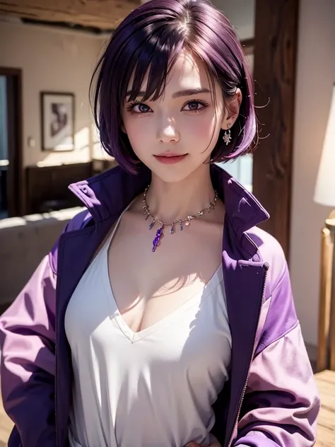 solo, looking at viewer, blush, smile, short hair, open mouth, bangs, shirt, long sleeves, 1girl hair between eyes, jewelry, purple eyes, jacket, upper body, purple hair, :d, male focus, pink eyes, necklace