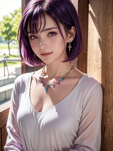 solo, looking at viewer, blush, smile, short hair, open mouth, bangs, shirt, long sleeves, 1girl hair between eyes, jewelry, purple eyes, jacket, upper body, purple hair, :d, male focus, pink eyes, necklace