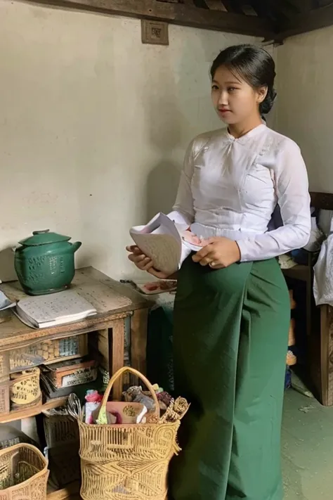 Stable Diffusion prompt:
woman, standing, green skirt, white shirt, nivanh chanthara, traditional garb, traditional dress, headmistress uniform, traditional clothes, authentic attire, lam manh style, pregnant, nuttavut baiphowongse, student, 30 years old.