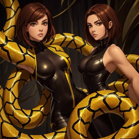 A girl with short dark red hair and dark   brown eyes she have a yellow and black     costume that look like a snakes skin