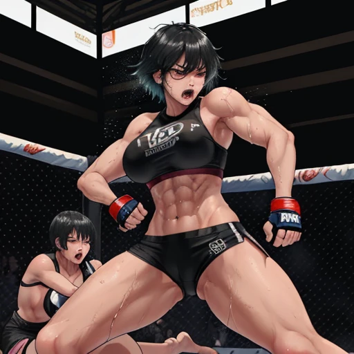 The knee strike sinks into the opponent&#39;s abdominal muscles.。An intense bout between two beautiful, bleeding heavyweight female MMA fighters。Inside the Octagon。Rivals。black hair short cut。I&#39;m exhausted。painful expression。sweaty。Full of scars。Shortn...