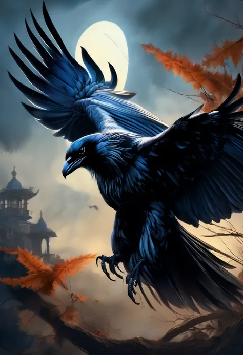 best quality,ultra-detailed,(realistic:1.37) paintings,dark and mysterious atmosphere,ominous colors,[crow],intricate feathers,sharp beak,penetrating gaze,intense expression,eerie silhouette,sinister presence,nighttime scene,moonlit sky,clouds,dramatic lig...