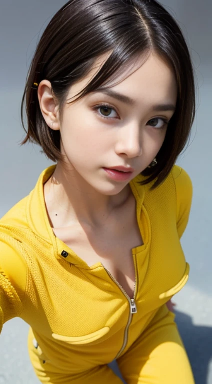 1 female、(super beautiful)、(beautiful face:1.5)、(Taken from above the knees)、(detailed face:1.5)、(detailed eye:1.2)、(lip details:1.2)、(detailed nose:1.2)、(Yellow sweatsuit:1.5)、(compensate:1.1)、(hair naked)、(At SFW:1.6)、(morning:1.4) 、photo quality、surreal...