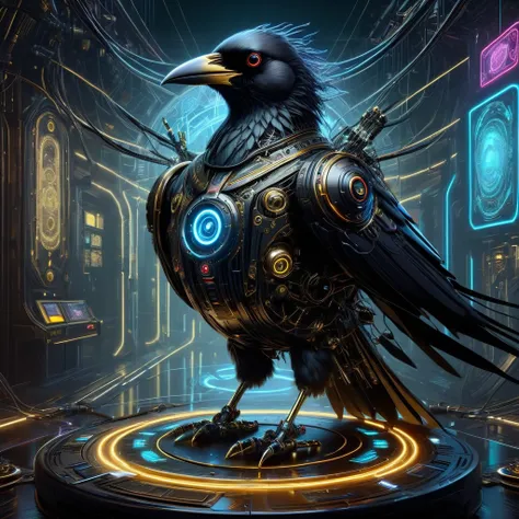 cyberpunk robot crow equipped with artificial intelligence, navigating a surreal gothic background, enhanced by gold and silver ...