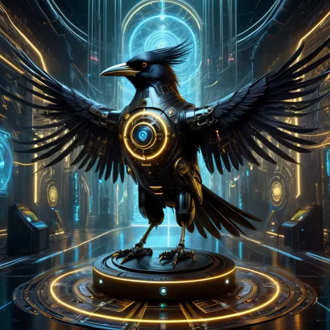 cyberpunk robot crow equipped with artificial intelligence, navigating a surreal gothic background, enhanced by gold and silver ...