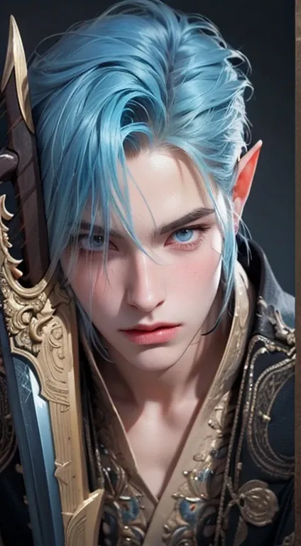 a close up of a person with blue hair and a sword, xqc, beautiful androgynous prince, delicate androgynous prince, a portrait of a male elf, beautiful male elf, heise jinyao, crisp clear rpg portrait, fantasy art style, artwork in the style of guweiz, insp...