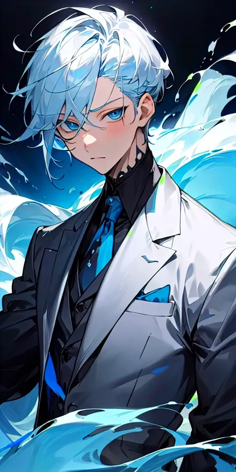 (masterpiece, best quality),1boy with silver-bluish hair has blue ocean like eyes wearing a black suit and have cool demeanor 