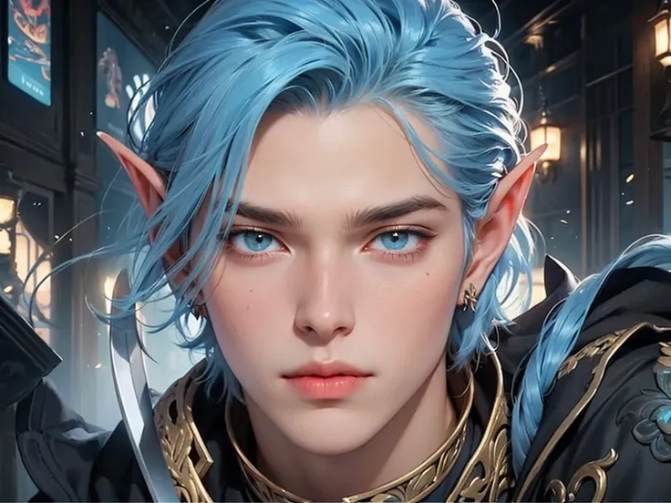 a close up of a person with blue hair and a sword, xqc, beautiful androgynous prince, delicate androgynous prince, a portrait of a male elf, beautiful male elf, heise jinyao, crisp clear rpg portrait, fantasy art style, artwork in the style of guweiz, insp...