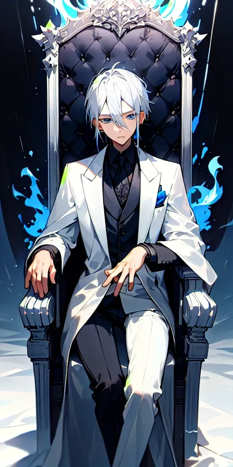 (masterpiece, best quality),1boy who has silver hair and blue eyes wearing a black suit with a white coat and sitting on a throne of azure flames 