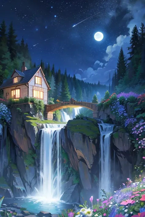 waterfall, bridge above waterfall made of flowers, a house inside the waterfall below, night time, stars glomming, with moon in background