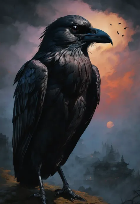 best quality,ultra-detailed,(realistic:1.37) paintings,dark and mysterious atmosphere,ominous colors,[crow],intricate feathers,sharp beak,penetrating gaze,intense expression,eerie silhouette,sinister presence,nighttime scene,moonlit sky,clouds,dramatic lig...