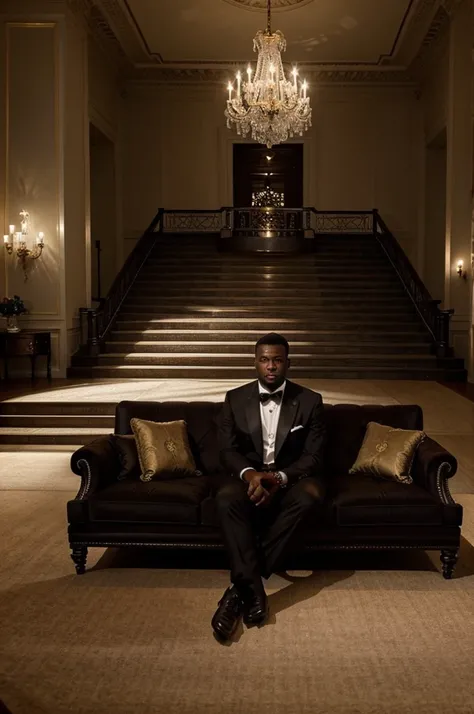 Give me a wide scene of a black man seated on the sofa of a luxury mansion, in the background of the image there are large staircases and chandeliers. Show me the room as a whole, make the man look smal in compared to the mansion