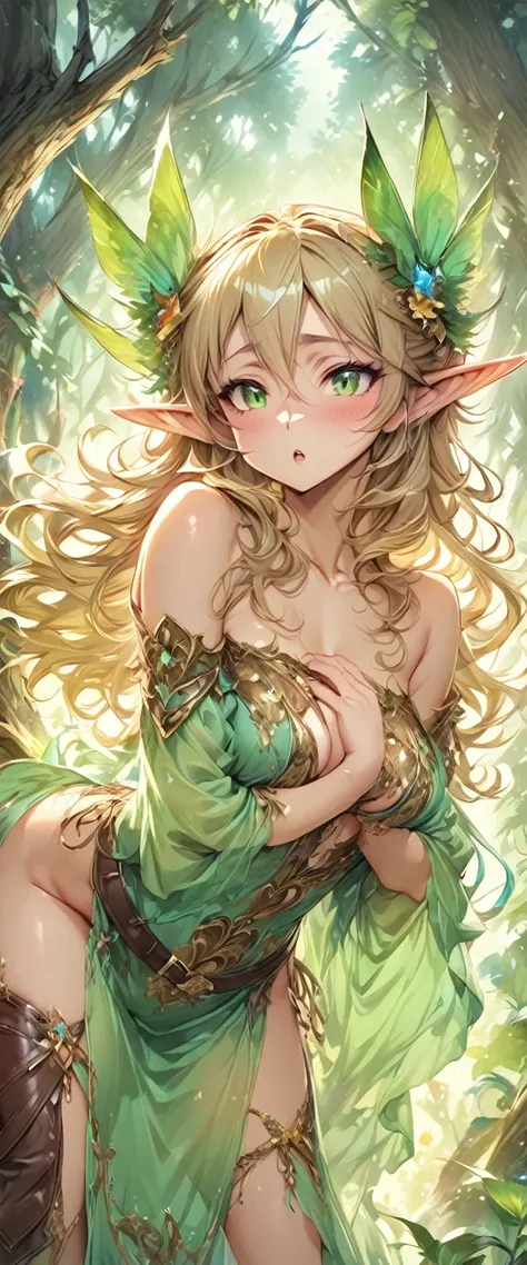 ((masterpiece)), ((best quality)), ((High resolution)), ((Extremely detailed CG unified 8K wallpaper)), ((On a branch deep in the forest:1.3)), ((Elf woman cartoon character, pointed elven ears, blonde wavy hair, green eyes, bare skin:1.2)), Cowboy shootin...