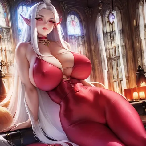 Goddess Of The Fire (Curvy, Huge , White Hair, red eyes, sexy and hot, voluptuous, (large breasts, nipple, areola, silk