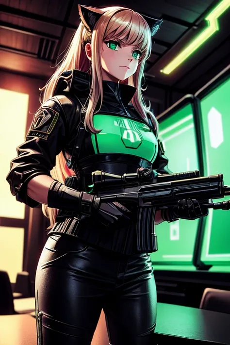 SciFi Soldatin, Revolver, Haare lila, Eyes green, neon, pastel, gaming, cat