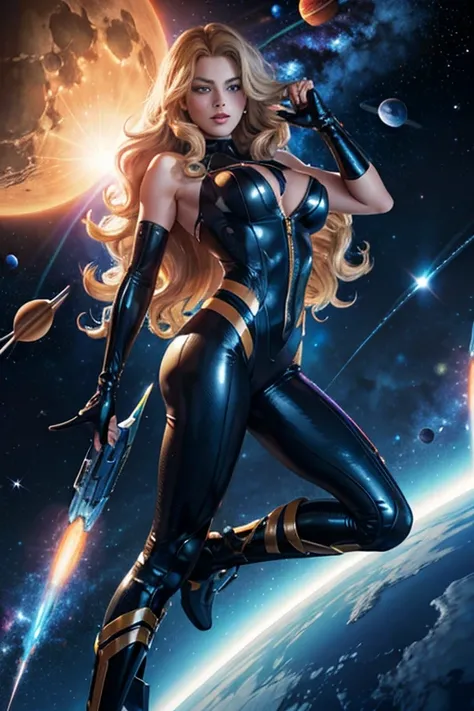 margot robbie, woman space super hero, full body,hi-tech vest over black latex suit, long curly hair, by adam hughes, (sexy), fl...