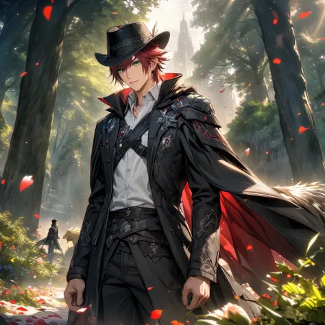 absurdres, highres, ultra detailed, HDR, masterpiece, Magia, crimson messy short hair, black hat, expressive green eyes, Final Fantasy xv, 1man, handsome, black long jacket, cape, white shirt, trees, petals, chocobos