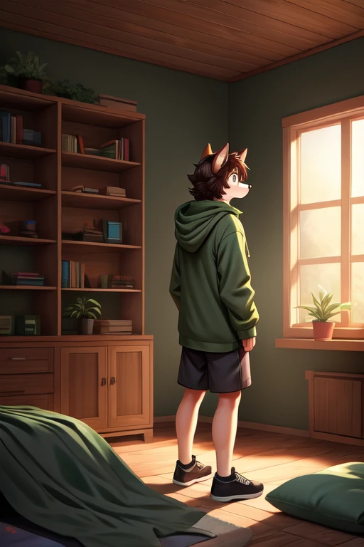 Furry anthropomorphic wolf, Russet brown fur, dark brown hair, dark green eyes, 61 and 173 lbs, 41" Chest, 19" Shoulders, 13" Biceps, 32" waist, 23" Thighs, 15" Calves, 19" Back, wearing Green hooded jacket, wearing Grayish-green T-shirt, wearing Grayish-g...