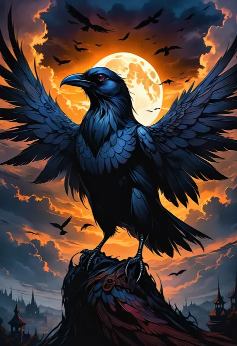 best quality,ultra-detailed,(realistic:1.37) paintings,dark and mysterious atmosphere,ominous colors,[crow],intricate feathers,sharp beak,penetrating gaze,intense expression,eerie silhouette,sinister presence,nighttime scene,moonlit sky,clouds,dramatic lig...